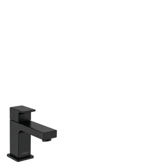 Schwarzes Standventil von Hansgrohe mit Hebelgriff für Kaltwasser oder vorgemischtes Wasser, ohne Ablaufgarnitur, auf weißem Hintergrund.